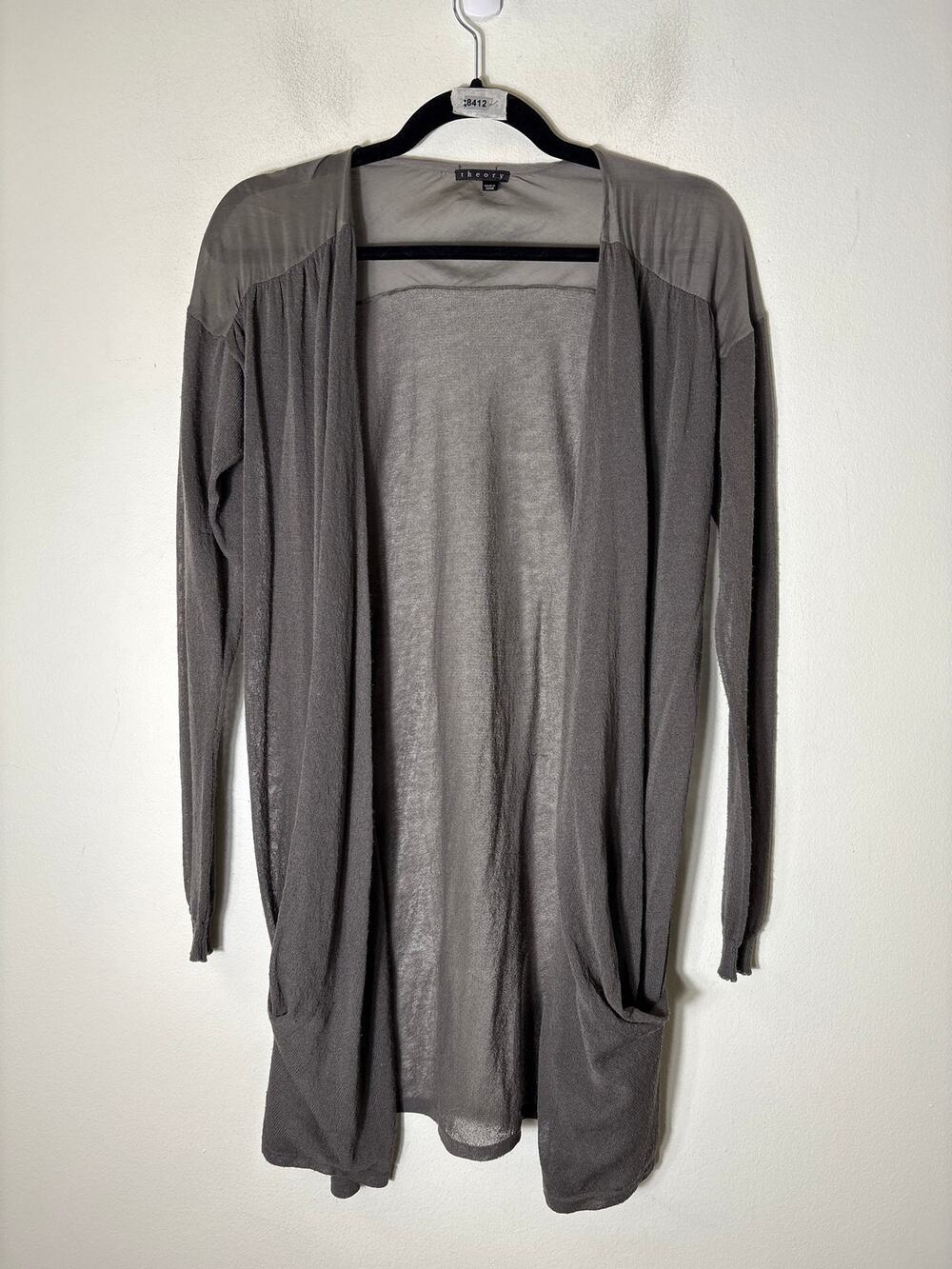 Theory Gray Long Sleeve Mixed Media Long Cardigan Sz S